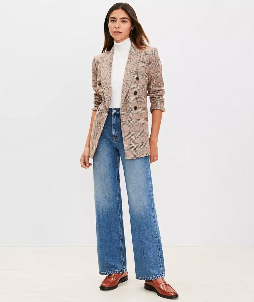 LOFT ANN TAYLOR Double Breasted Glen Plaid Blazer Harvest Brown Sz 10 $170 {3K2}